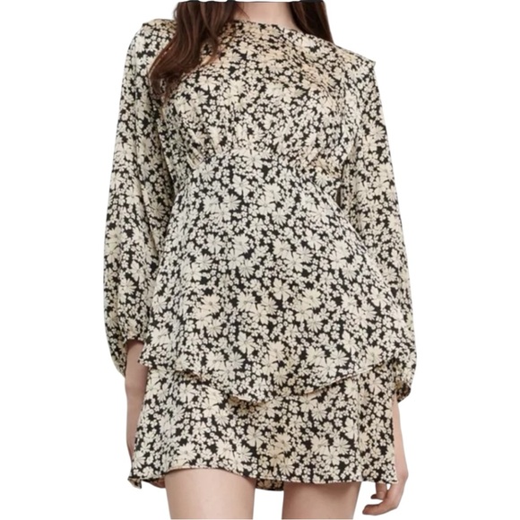 Zara Black and‎ Cream Floral Satin Tiered Mini Dress - Picture 1 of 5